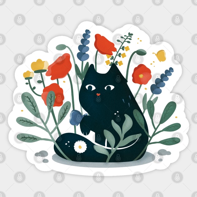 Black cat in the garden with flowers Sticker by crealizable